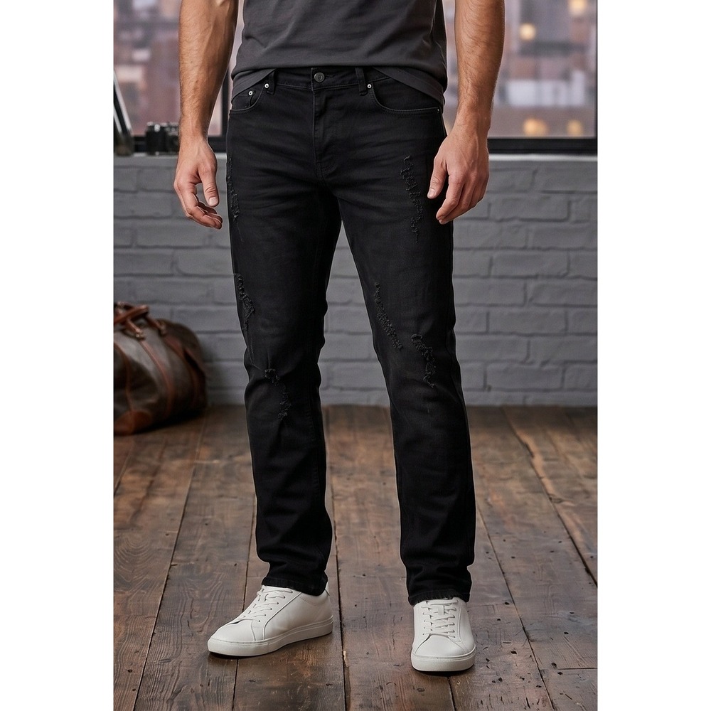 Y2K Switch Remarkable Slim Taper Denim Jeans Men 36x32 Black Stretch Distressed